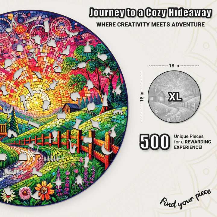 500 piece round puzzle with vivid countryside mosaic – Countryside Brilliance design