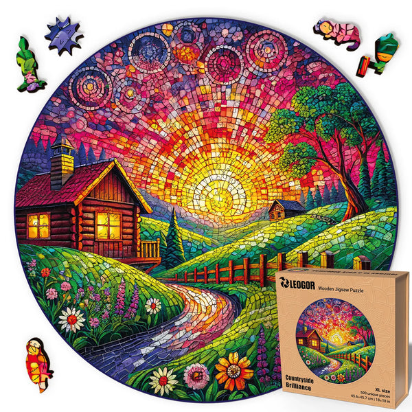 Wooden puzzles for adults – bright mosaic countryside with cabin and sun rays