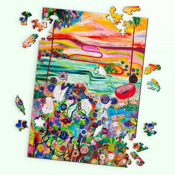 A burst of color and chaos – wooden jigsaw puzzle, Dreams in My Garden by Özlem Thompson