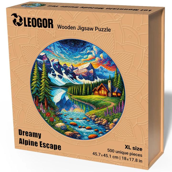 Gift-ready packaging for nature puzzles, Dreamy Alpine Escape wooden puzzle in box