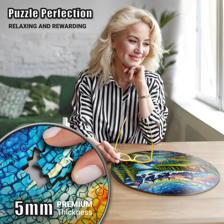 Woman enjoying wood puzzles for adults, assembling colorful Dreamy Alpine Escape puzzle