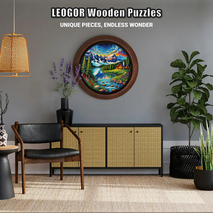 Wooden jigsaw puzzle displayed as wall art, Dreamy Alpine Escape mountain landscape
