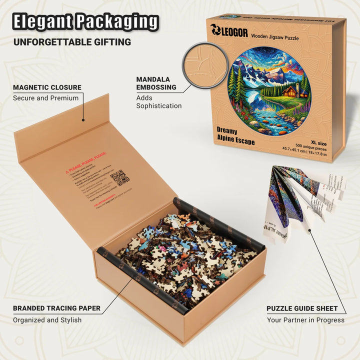 Premium box for wooden jigsaw puzzles, Dreamy Alpine Escape mosaic packaging on table