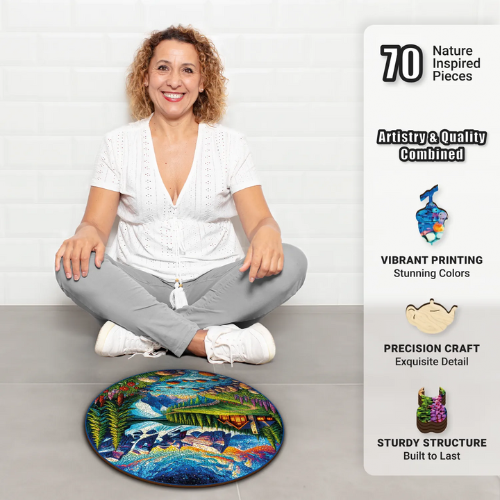 Older woman with wooden jigsaw puzzles for adults, relaxing with Dreamy Alpine Escape