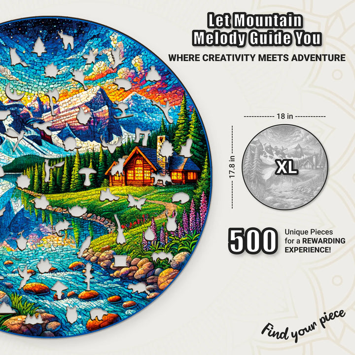 500 piece round puzzle with vivid alpine mosaic and cabin – Dreamy Alpine Escape design