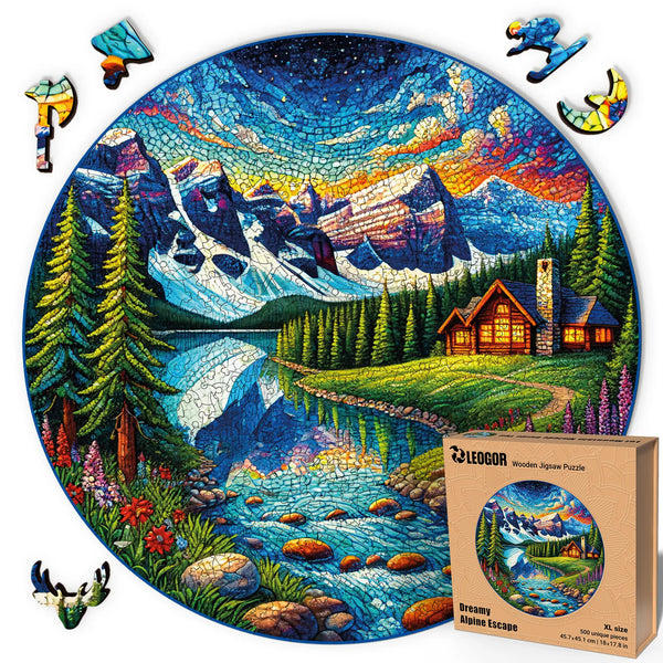 Wooden puzzles for adults – vivid alpine mosaic scene with cabin and lake reflections