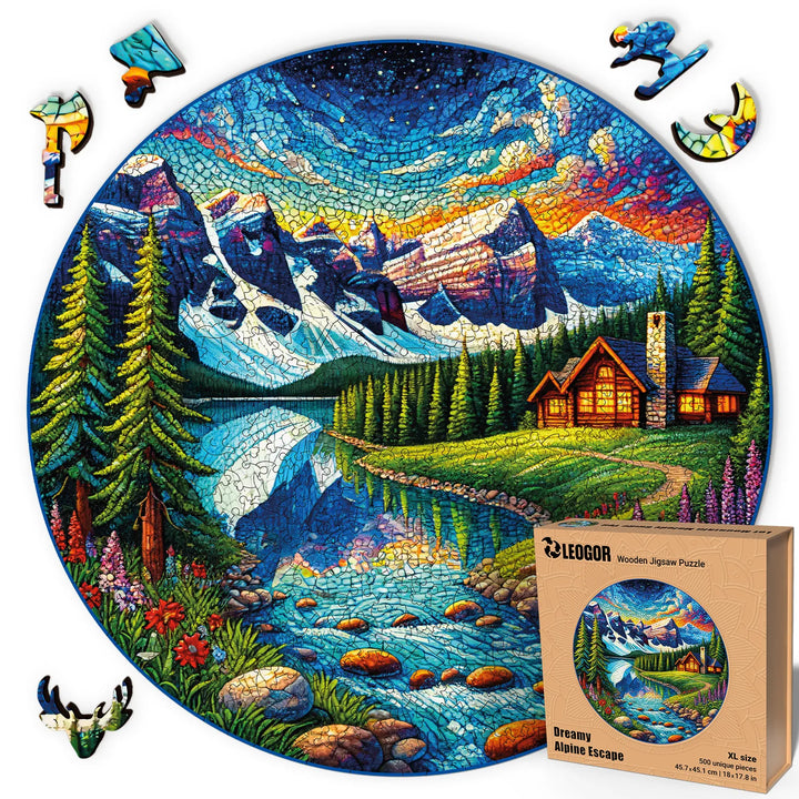 Wooden puzzles for adults – vivid alpine mosaic scene with cabin and lake reflections