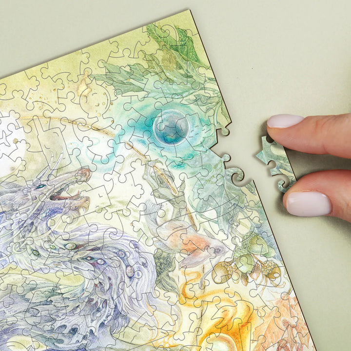 Close-up of wood jigsaw puzzles – intricate cuts and soft color gradients