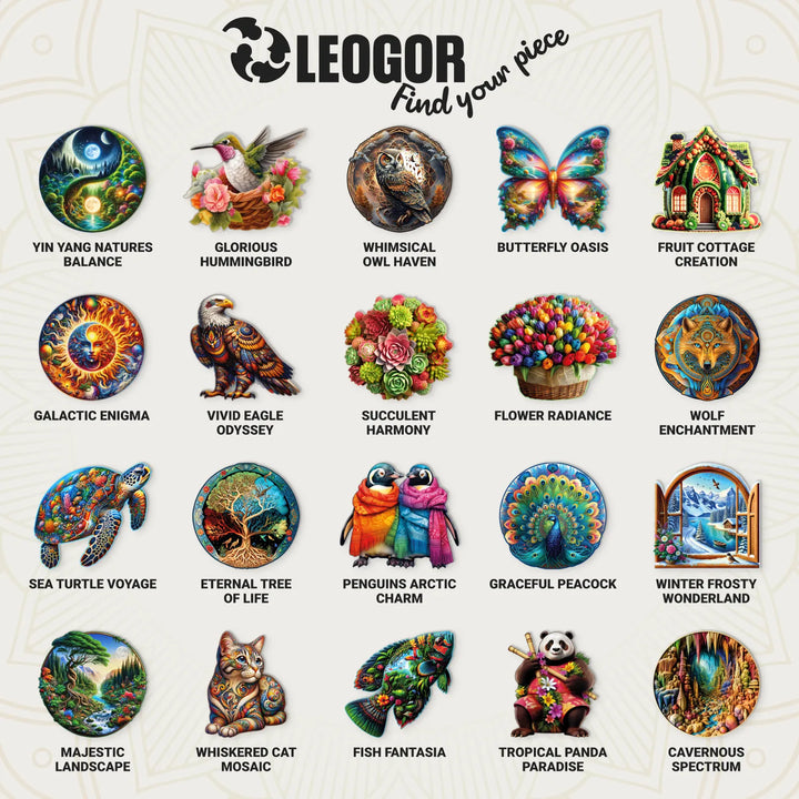 LEOGOR wooden puzzle collection with artistic designs featuring nature, animals, and fantasy themes