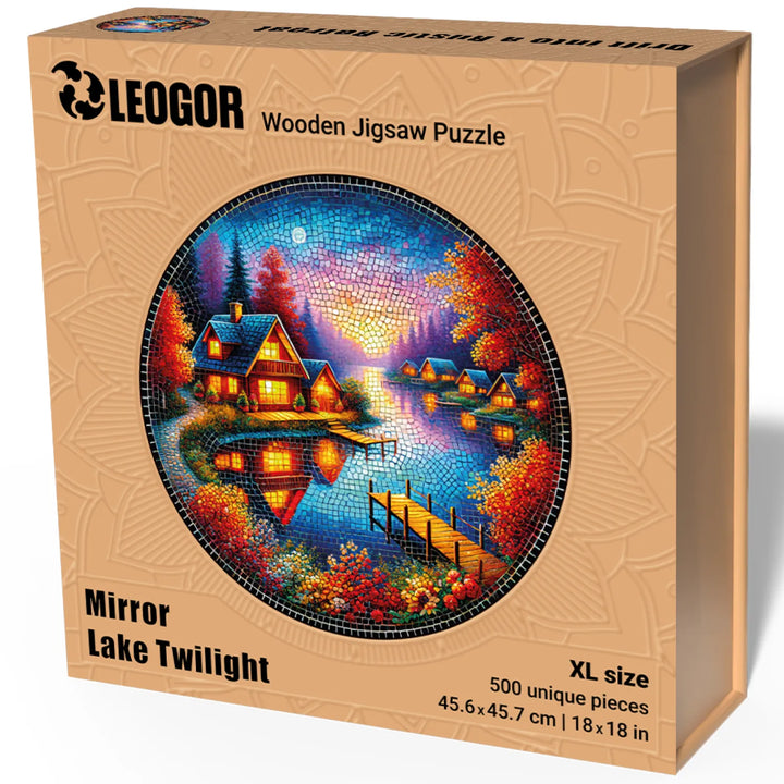 Gift-ready packaging for nature puzzles, Mirror Lake Twilight wooden puzzle in box