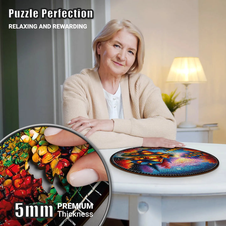 Woman enjoying wood puzzles for adults, assembling colorful Mirror Lake Twilight puzzle