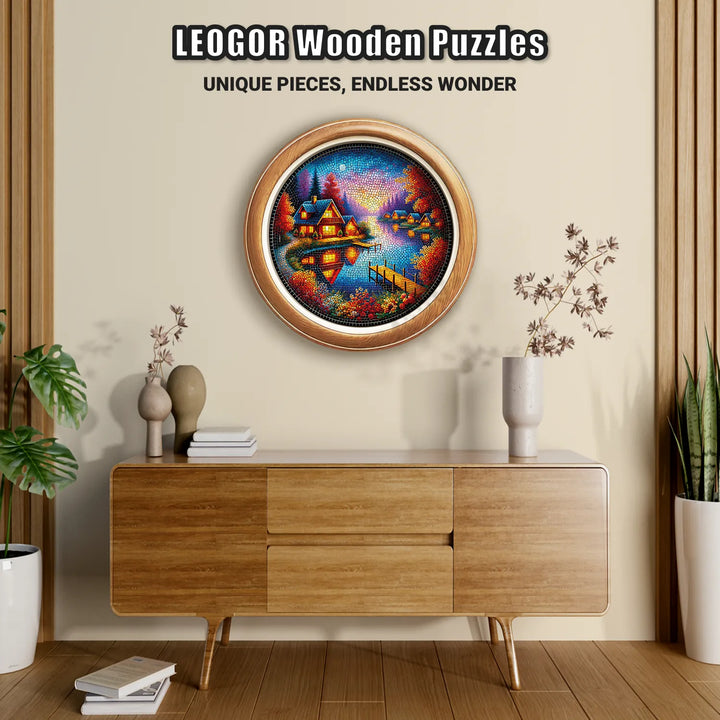 Wooden jigsaw puzzle displayed as wall art, Mirror Lake Twilight mosaic lakeside view