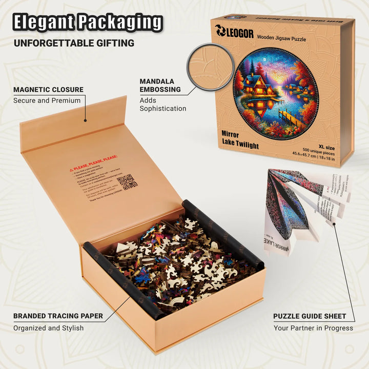Premium box for wooden jigsaw puzzles, Mirror Lake Twilight packaging on wooden table