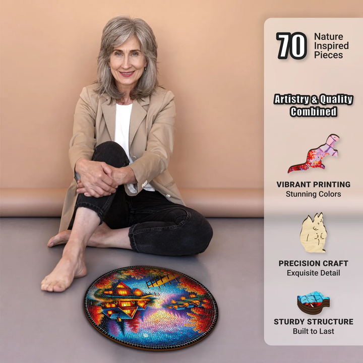 Older woman with wooden jigsaw puzzles for adults, relaxing with Mirror Lake Twilight