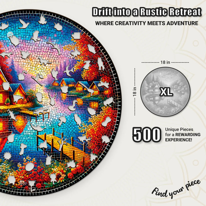 500 piece round puzzle with vivid autumn mosaic – Mirror Lake Twilight wood design