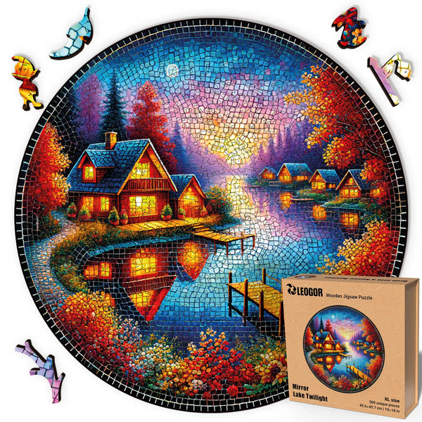 Wooden puzzles for adults – warm lakeside mosaic scene with glowing cabins at twilight