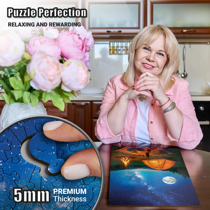 Woman enjoying wood puzzles for adults, assembling Moonlit Meadow Feast puzzle