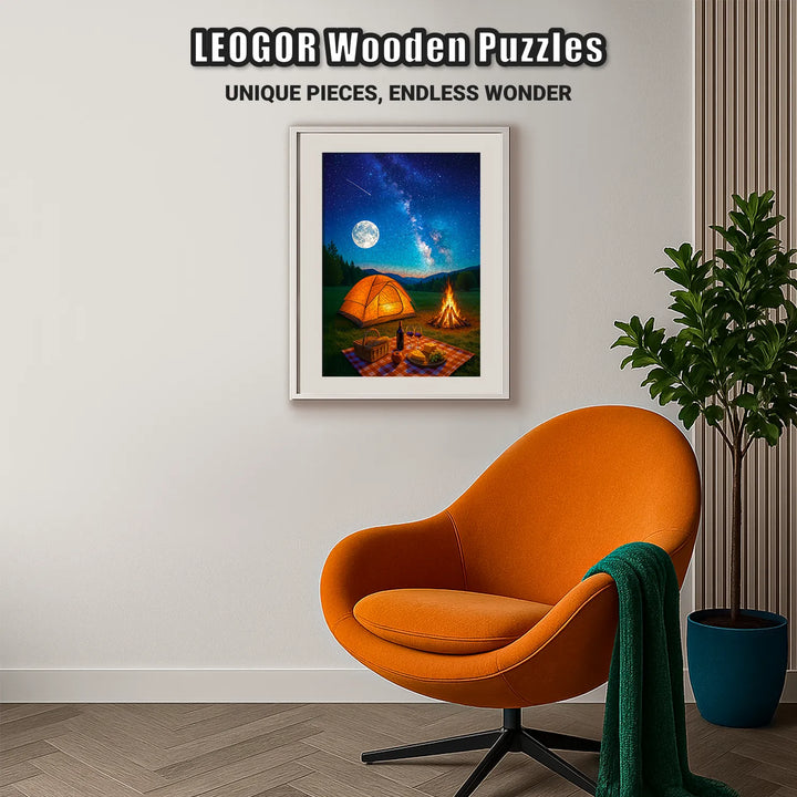 Wooden jigsaw puzzle displayed as wall art, Moonlit Meadow Feast night sky scene