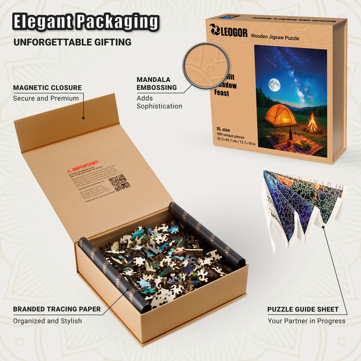 Premium box for wooden jigsaw puzzles, Moonlit Meadow Feast camping packaging