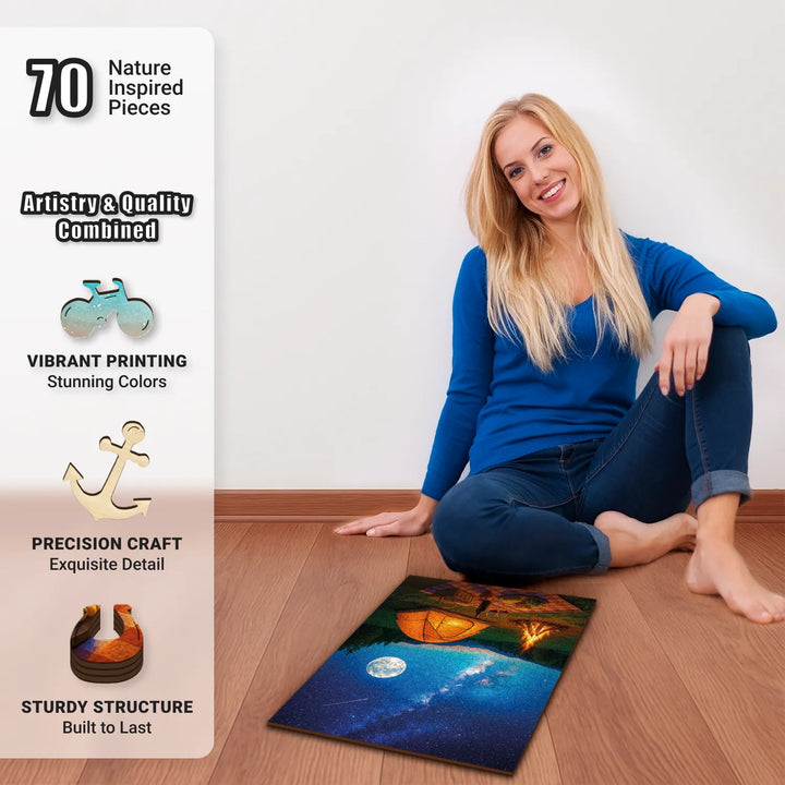 Older woman with wooden jigsaw puzzles for adults, relaxing with Moonlit Meadow Feast