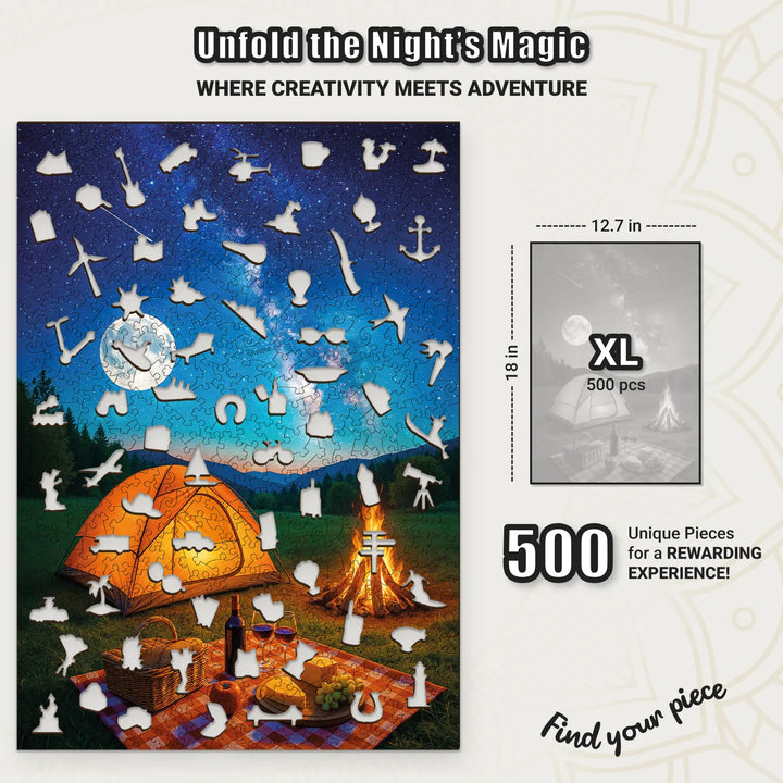 500 piece rectangle puzzle with starlit campsite – adult wooden puzzles design