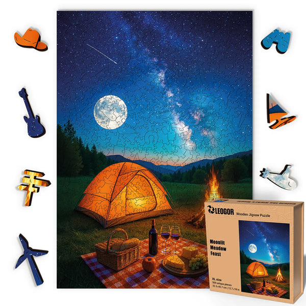 Wooden puzzles for adults – starlit camping picnic under Milky Way