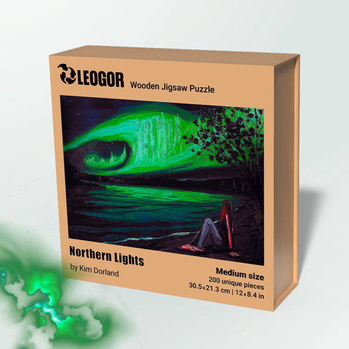 Elegant magnetic box packaging – wooden puzzle jigsaw, Northern Lights edition