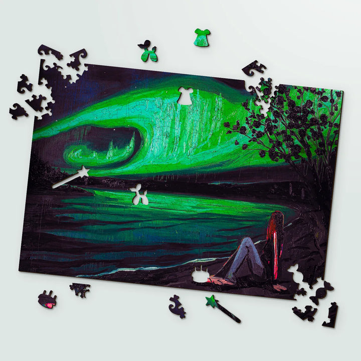 Vivid neon greens and shadows – wood puzzles for adults, Northern Lights by Kim Dorland
