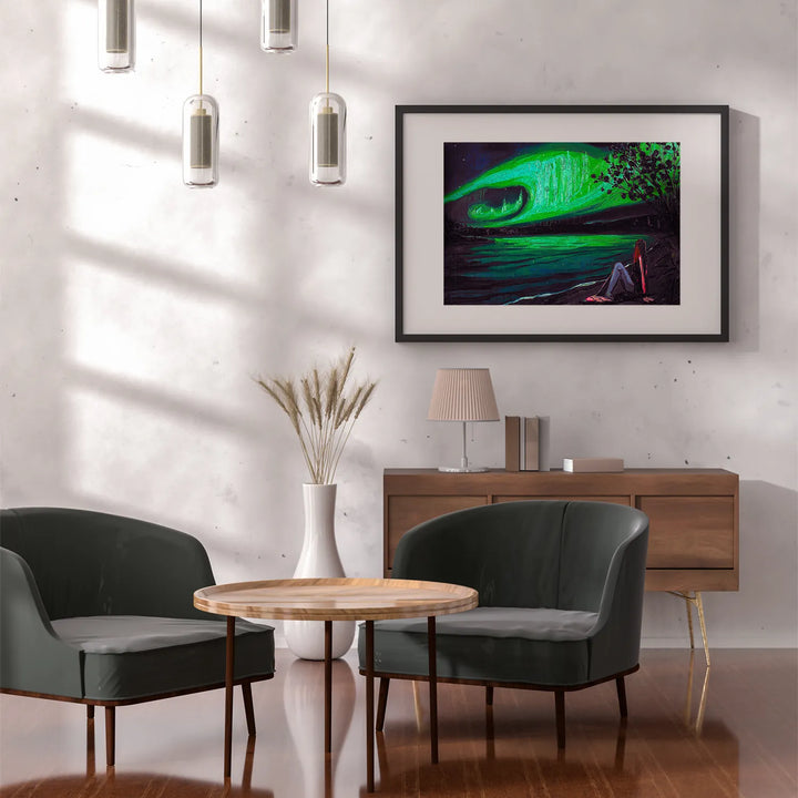 Completed puzzle in a calm interior – Northern Lights displayed as framed wall art