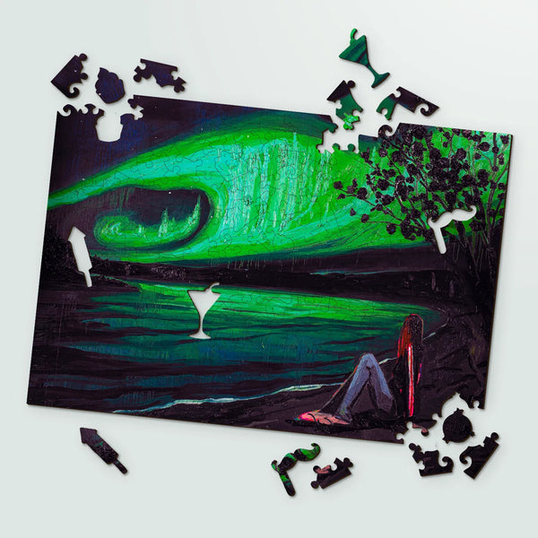 Dreamlike forest under auroras – wooden puzzles for adults, Northern Lights by Kim Dorland