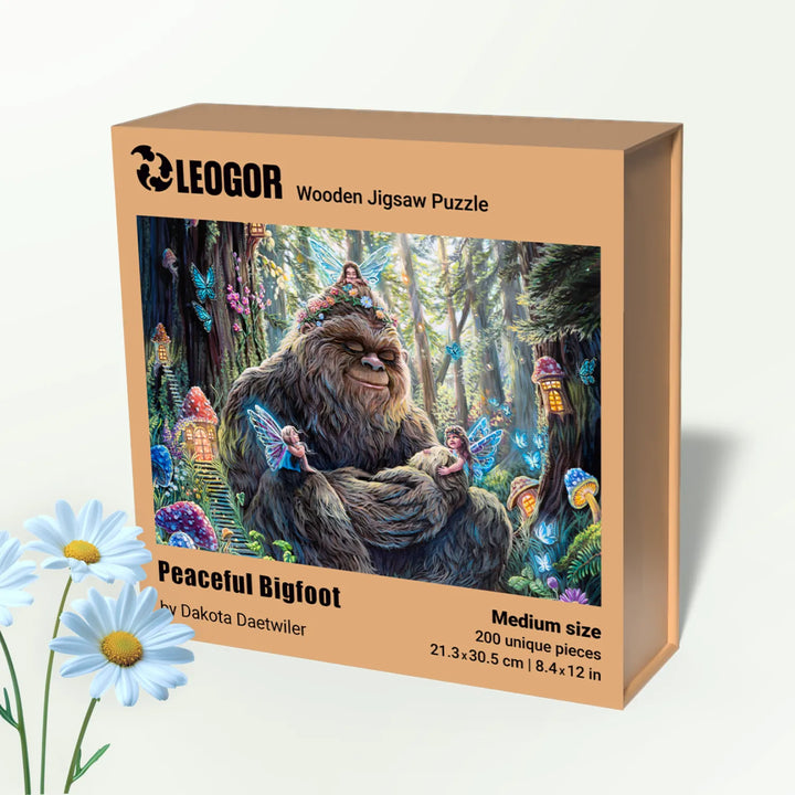 Elegant packaging for a challenging wooden jigsaw puzzle – Peaceful Bigfoot by Dakota Daetwiler