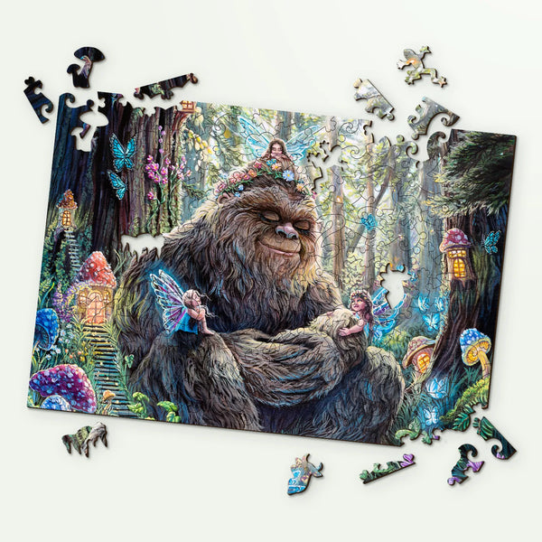 Wooden puzzle for adults – Peaceful Bigfoot by Dakota Daetwiler, with vibrant, detailed art
