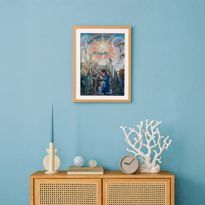 Framed wall art of a completed wood jigsaw puzzle – a touching tribute to a lifelong bond