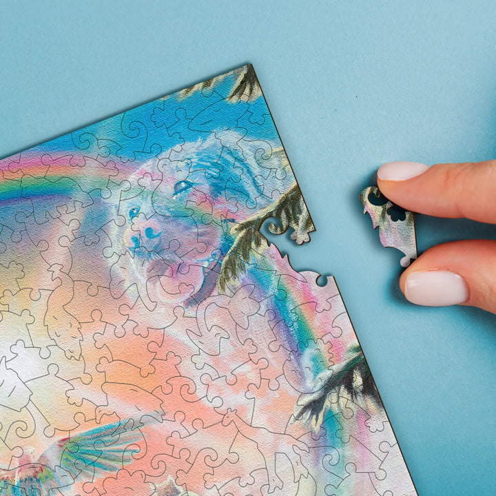 Placing pieces into adult wooden jigsaw puzzles – capturing the focus and patience of puzzling