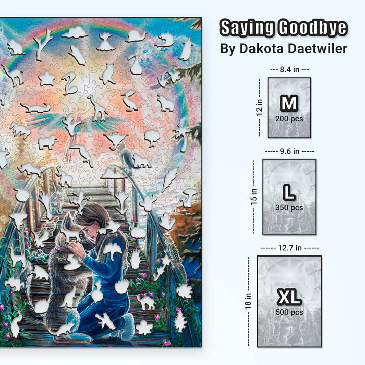 Comparison of wooden jigsaw puzzles for adults in 200, 350, and 500 pieces with the heartfelt image