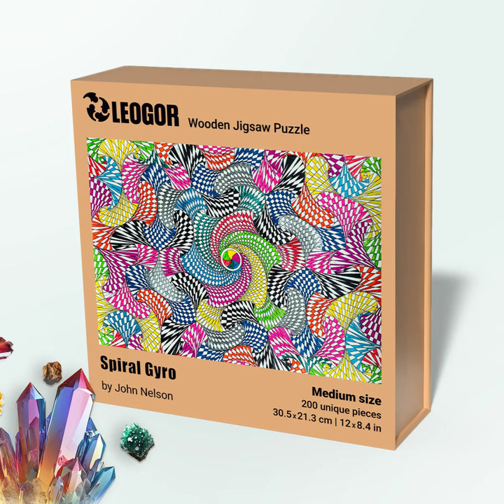 Elegant box presentation for wooden adult puzzles – Spiral Gyro by John Nelson
