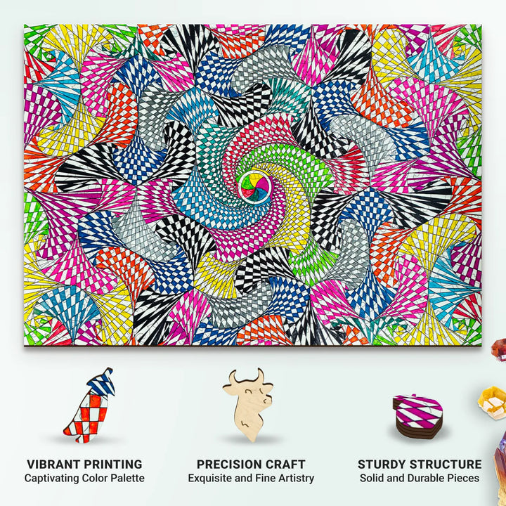Sharp contrasts and swirling patterns on wood jigsaw puzzle pieces