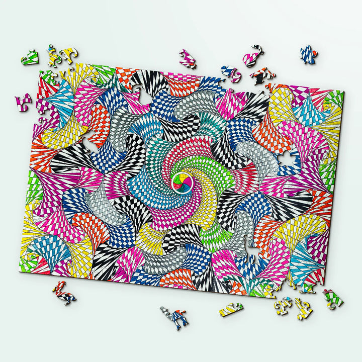 Bold and colorful wooden jigsaw puzzle for adults – Spiral Gyro pattern