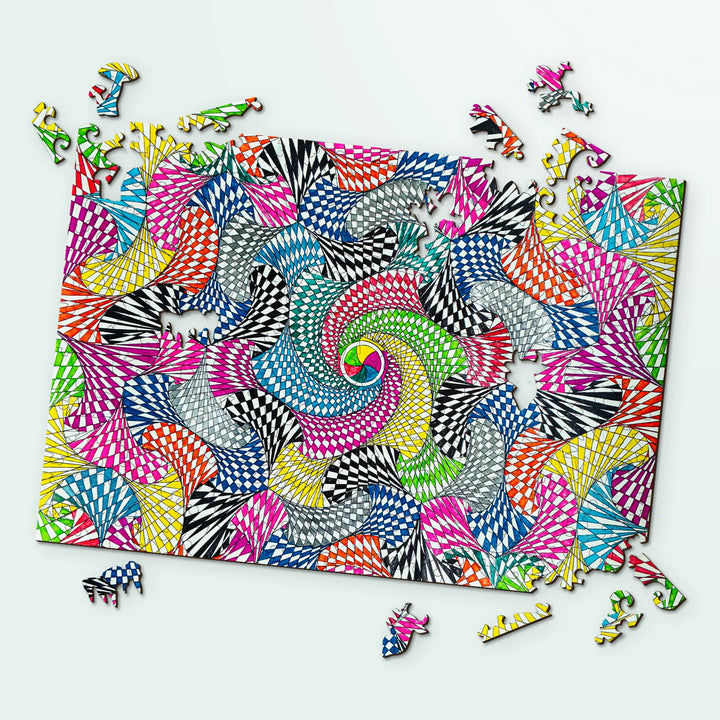Optical art design – wooden jigsaw puzzles, Spiral Gyro by John Nelson