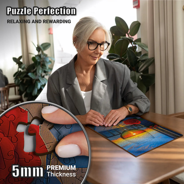 Woman enjoying wood puzzles for adults, assembling vibrant Sunset Pour puzzle