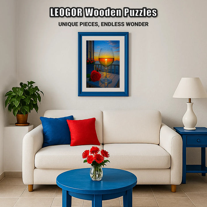 Wooden jigsaw puzzle displayed as wall art, Sunset Pour balcony wine scene