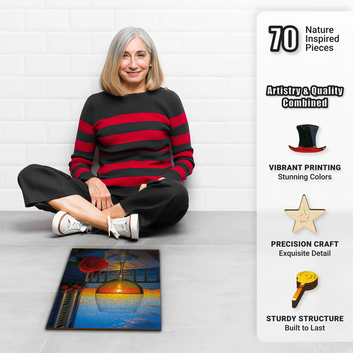 Older woman with wooden jigsaw puzzles for adults, relaxing with Sunset Pour