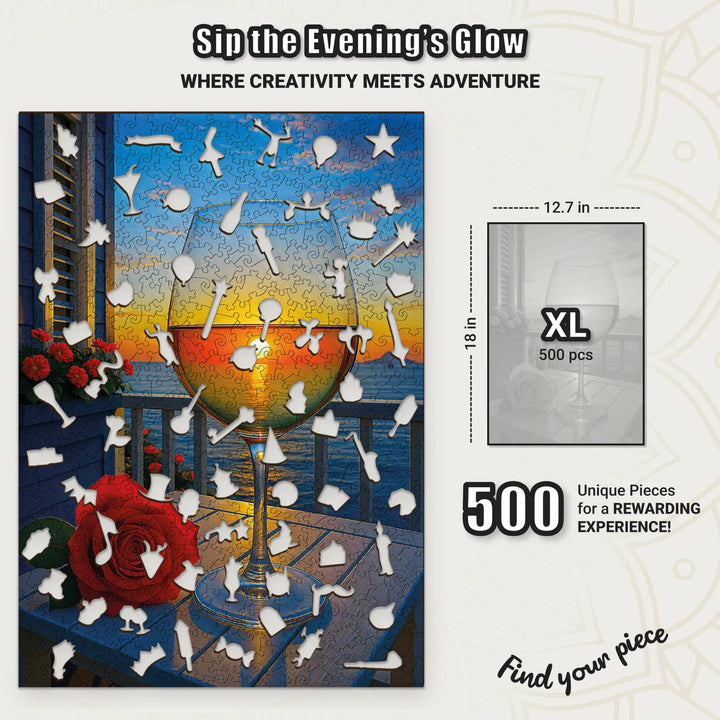 500 piece rectangle puzzle with sunset wine glass – adult wooden puzzles design