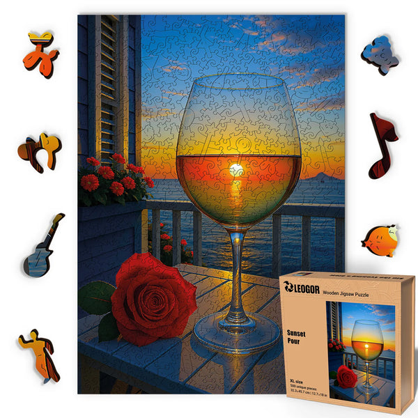 Wooden puzzles for adults – romantic sunset wine glass balcony scene