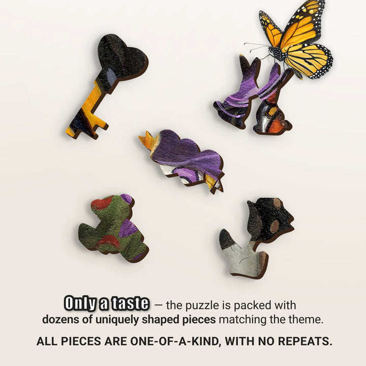 Close-up of uniquely shaped wooden puzzle jigsaw pieces highlighting bold print and color