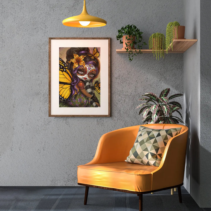 Completed jigsaw puzzles wood scene – Sweet Isabella framed in a bold interior setting