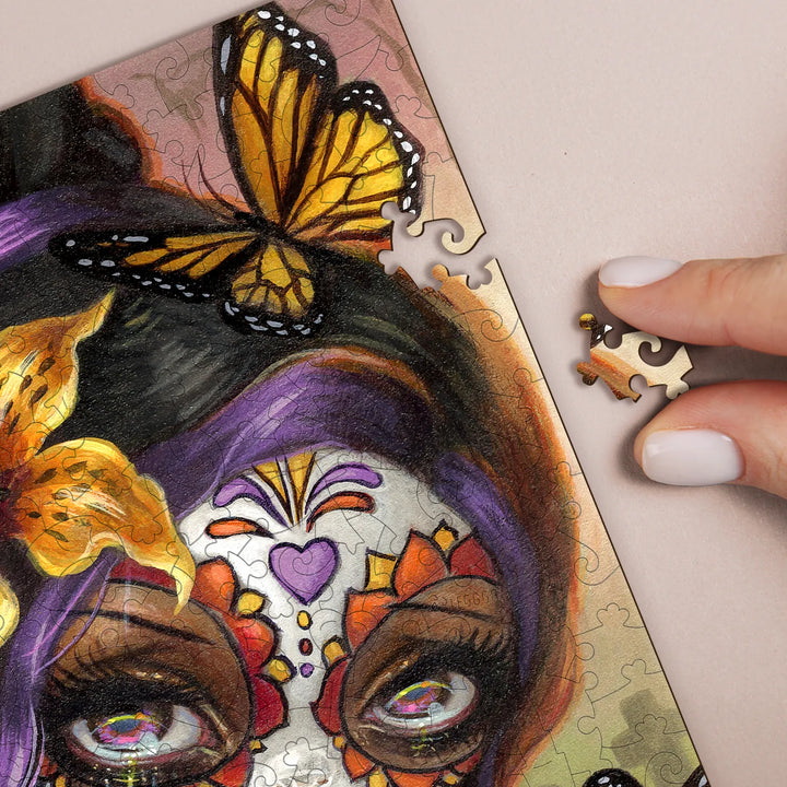Whimsical portrait – wooden jigsaw puzzle with expressive colors and delicate symbolism