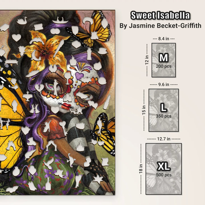 Comparison of wooden jigsaw puzzle sizes – 200, 350, and 500 pieces featuring the fantasy artwork
