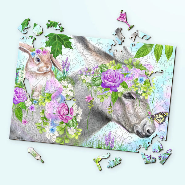 Gentle floral scene – wood jigsaw puzzle, Sweet Pea Spring Donkey by Sheena Pike