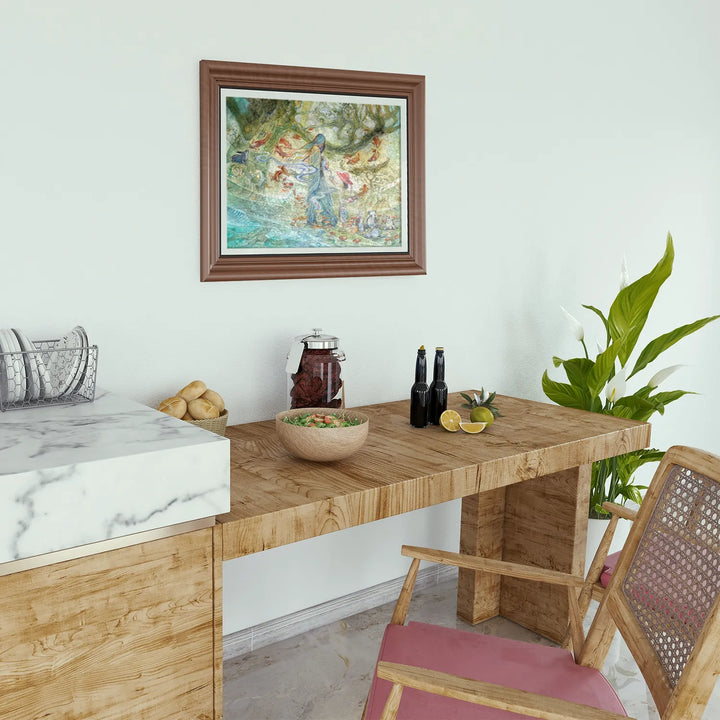 Completed wooden puzzle for adults displayed as framed wall art, Tea Ceremony by Stephanie Law